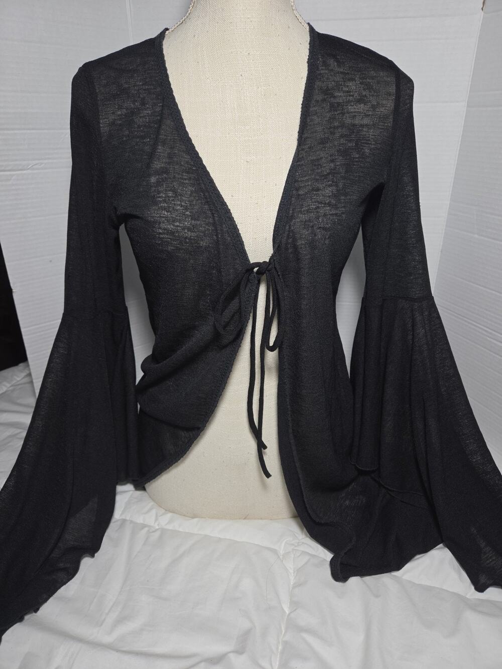 LVL Sheer Black Tie Front Cardigan Bell Sleeve M Lightweight Romantic Whimsigoth